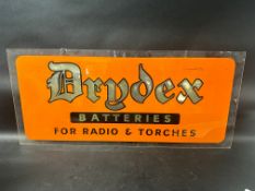 A Drydex Batteries For Radio and Torches reverse printed plastic advertising sign with hanging