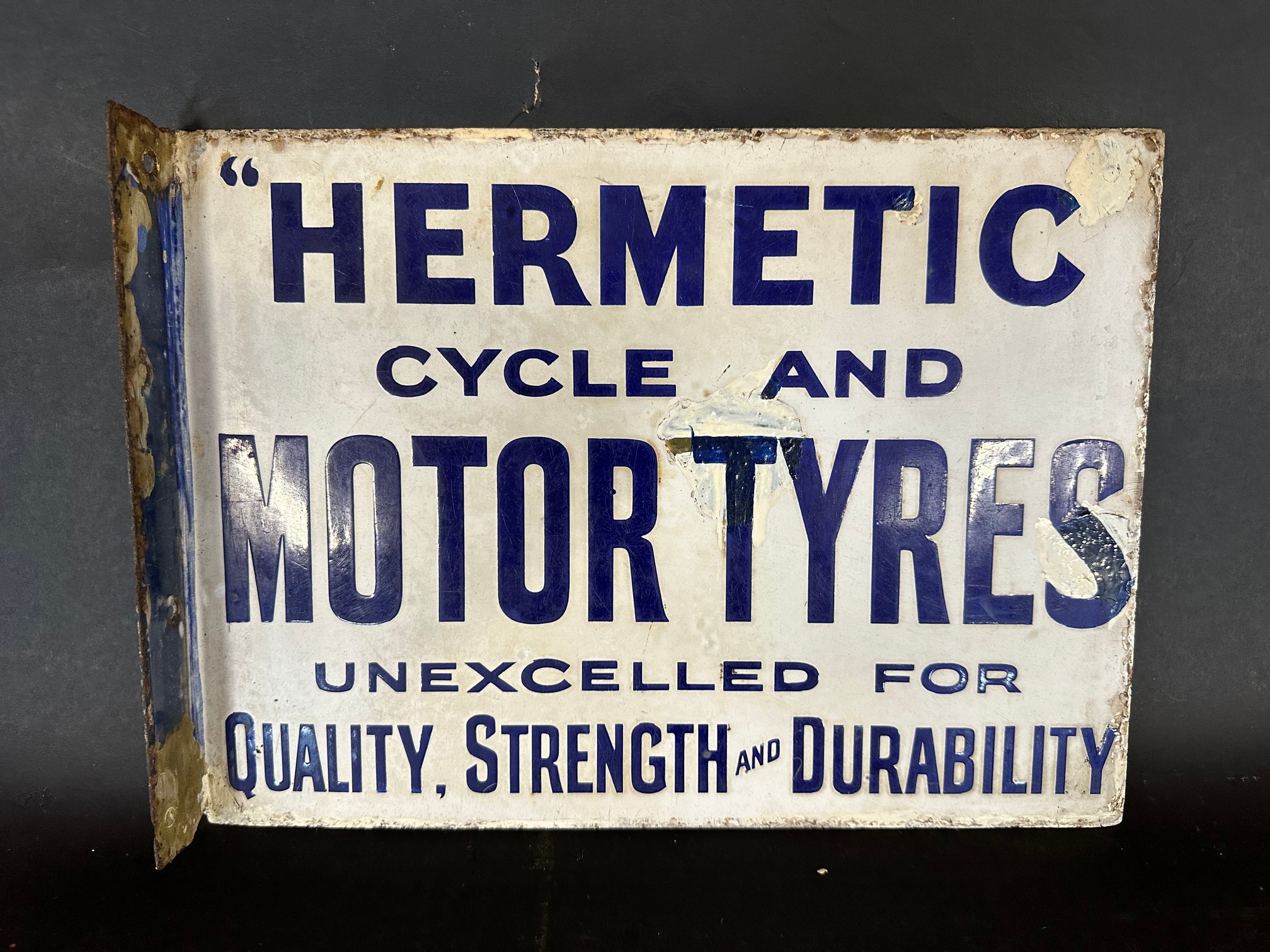 A Hermetic Cycle and Motor Tyres double sided enamel advertising sign with hanging flange in - Image 2 of 6