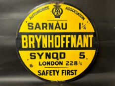An AA Brynhoffnant town sign (Wales) including mileage to Sarnau, Synod and London enamel sign by