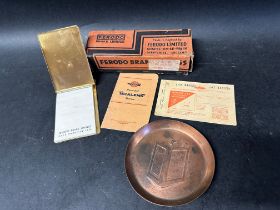 A Pratts Perfection Spirit embossed copper dish together with a Ferodo Brake Linings box, notepad,