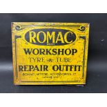 A Romac Reg'd Workshop Tyre & Tube Repair Outfit countertop display garage tin with advertising to