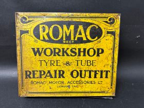 A Romac Reg'd Workshop Tyre & Tube Repair Outfit countertop display garage tin with advertising to