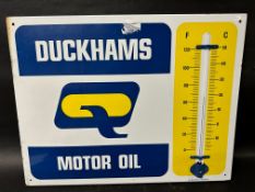 A Duckhams Q Motor Oil enamel advertising sign with integral thermometer by Burnham London, 26 x