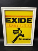An Exide Batteries pictorial plastic sign mounted in contemporary frame with light box back. 16 3/4"