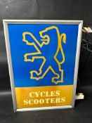A Peugeot Cycles & Scooters double sided dealer lightbox sign, 23 x 25 3/4 x 6" depth.
