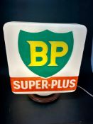 A BP Super-plus box-shaped petrol pump globe made by Hailware, slight nibbling to neck under