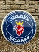 A Saab & Scania dealership circular single sided light-up wall display sign, a convex acrylic