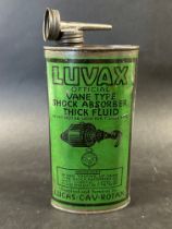 A large Luvax Shock Absorber Fluid oval tin (Luvas C.A.V. Rotax).