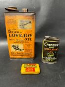 A Delco Lovejoy Shock Absorber oil can together with Chemico oval lubricating oil and Dunlop