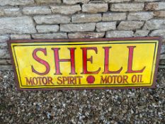 An early Shell Motor Spirit and Oil enamel advertising sign mounted on wooden board, restored