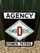 A Power Diesel/Petrol Agency enamel advertising sign depicting a petrol pump globe, 35 x 42".