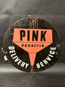 A Pink Paraffin Delivery Service pictorial circular double sided enamel sign depicting a fuel