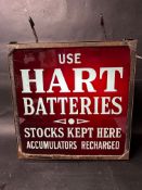 A rare Use Hart Batteries double sided hanging lightbox. Glass panels in metal frame (one side