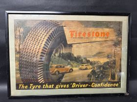 A framed Firestone pictorial poster 'The Tyre That Gives Driver Confidence', with some tearing to