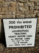 A cast alloy road sign referencing prohibited vehicles (tractors, motor cars etc), 35 1/2 x 35".