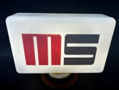 A MS (Munster Simms) Irish brand box-shaped glass petrol pump globe, stamped Hailware, chip to