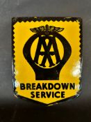 A 1950s/60s AA Breakdown Service small enamel advertising sign, 7 x 9".