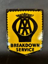 A 1950s/60s AA Breakdown Service small enamel advertising sign, 7 x 9".