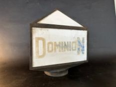 A rare Dominion lantern-shaped post or pillar mounted globeof unusual form being metal framed,