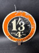 An Anglo American Oil Company double sided circular aluminium Pratts petrol pump price tag for 1/3