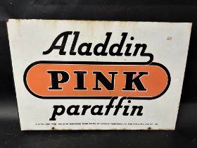 An Aladdin Pink Paraffin double sided enamel advertising sign with hanging flange, 21 x 14".