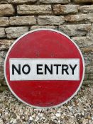 A 'No Entry' circular cast alloy road sign by Royal Label Factory, 24" diameter.