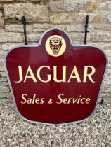 A large Jaguar Sales and Service hanging advertising sign comprised of two enamel signs in alloy