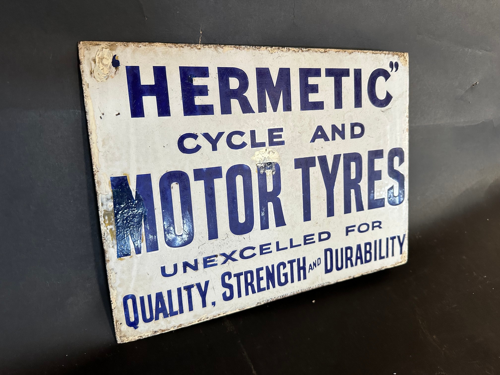A Hermetic Cycle and Motor Tyres double sided enamel advertising sign with hanging flange in - Image 4 of 6