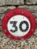 A 30 MPH speed limit circular alloy road sign with reflectors by Royal Label Factory. 18" diameter.