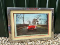 A large Jaguar showroom display picture of a 3.8 litre E Type, in heavy wooden frame with chrome