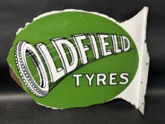 An Oldfield Tyres double sided enamel advertising sign, some losses to edge, with partial hanging