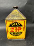 A rare ROP (Russian Oil Products) ZIP motor oil one gallon pyramid tin with cap and carry handle.