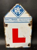 An RAC enamel 'L' plate with driving instructor's contact details, 7 1/2 x 11 1/2".