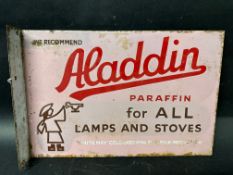 An 'Aladdin Paraffin for All Lamps and Stoves' double sided enamel sign with hanging bracket, 18 x