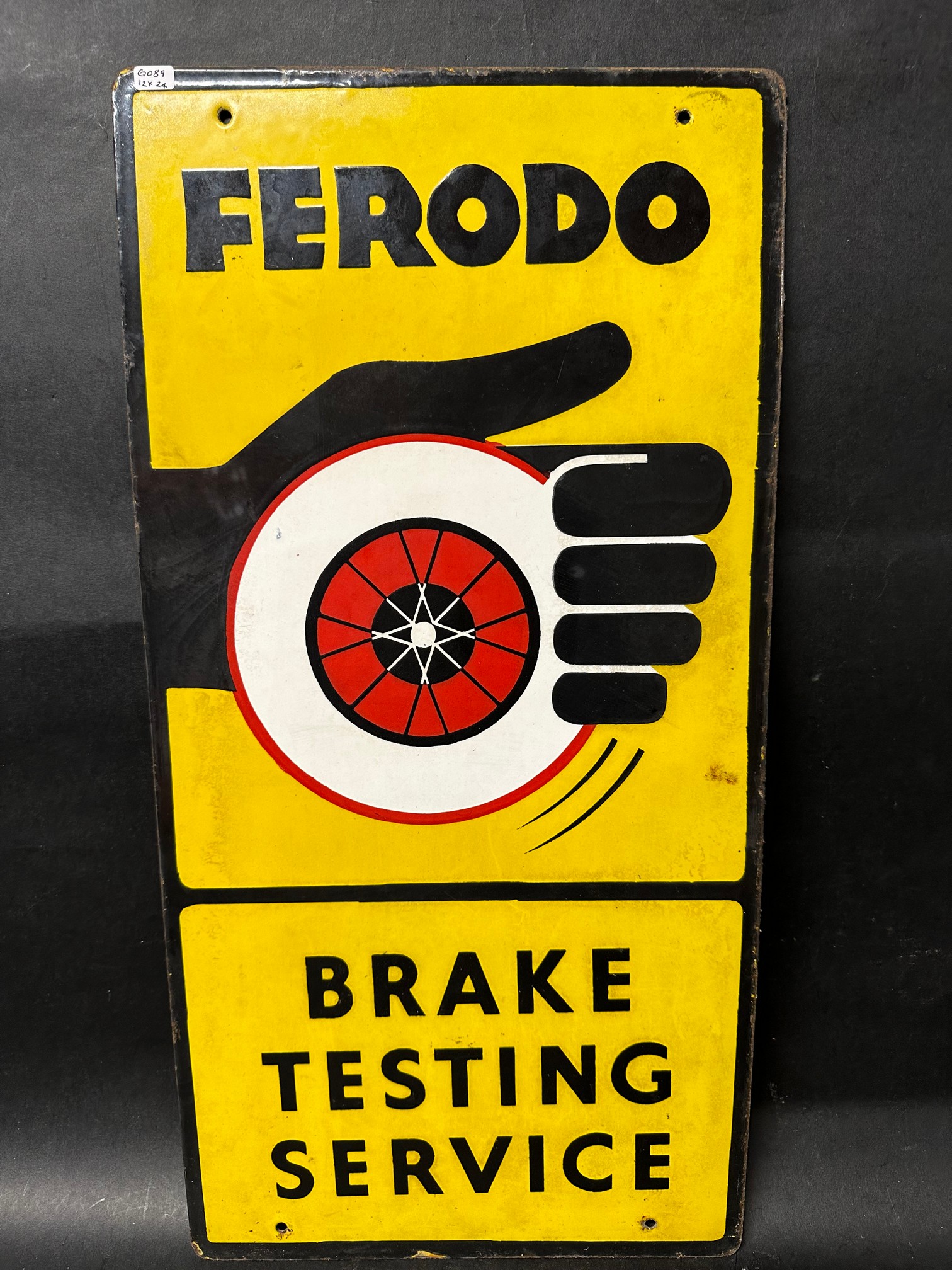 A Ferodo Brake Testing Service pictorial double sided enamel advertising sign depicting a hand - Image 7 of 10