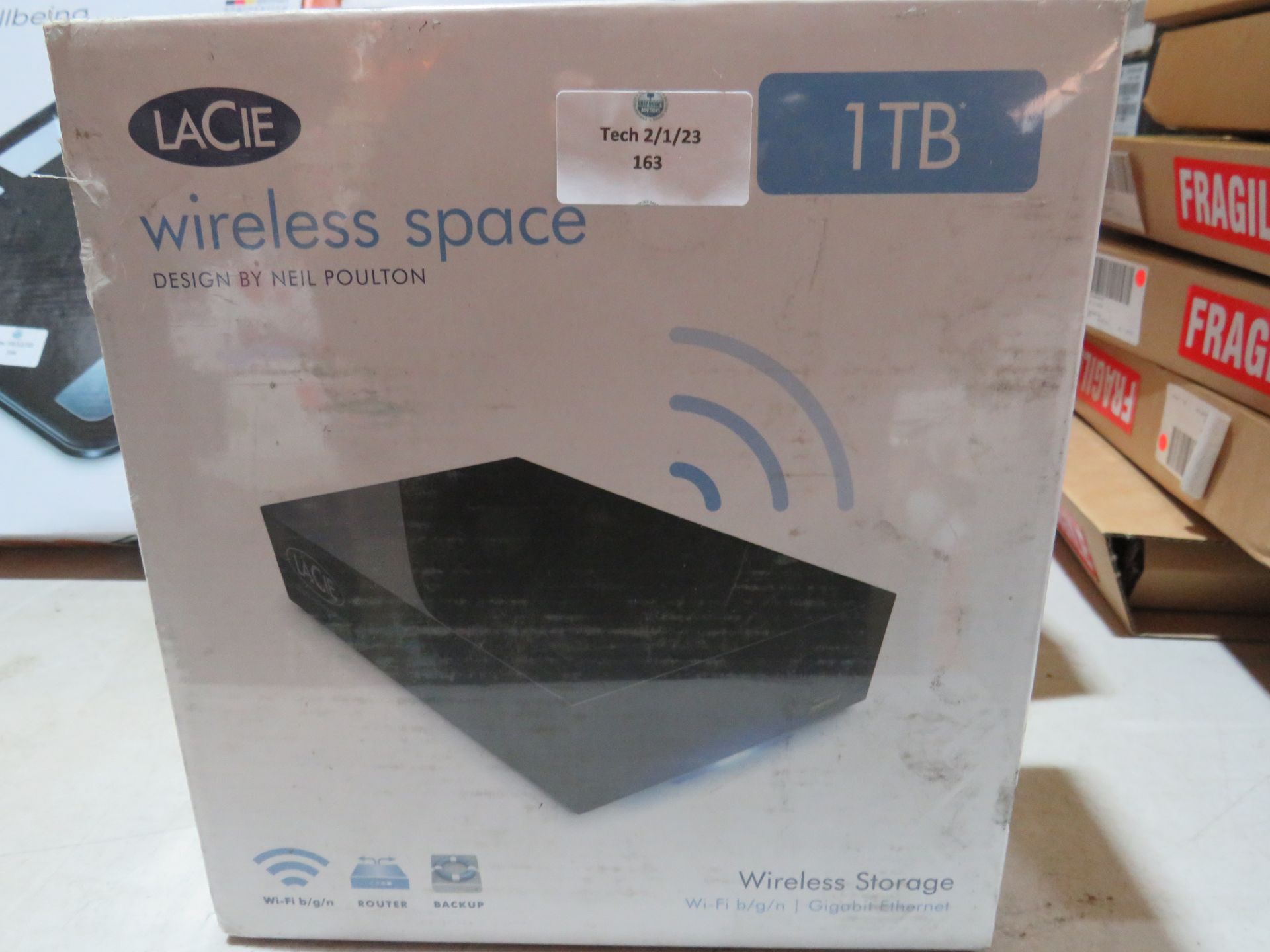 Lacie Wireless Space 1TB Wireless Storage vy Neil Poulton model 301932EK packaged still sealed