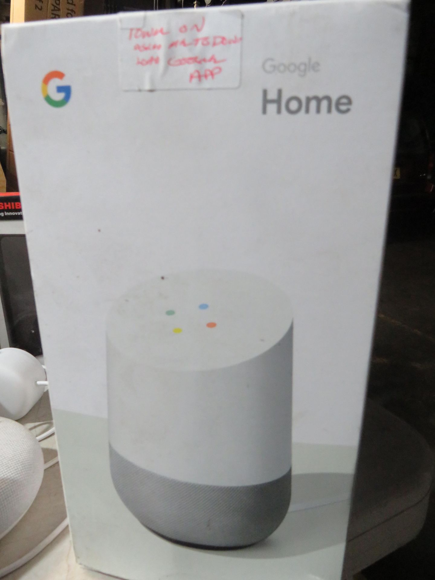 google Home smart Speaker, boxed and powers on we havent gone through the full set up on app etc