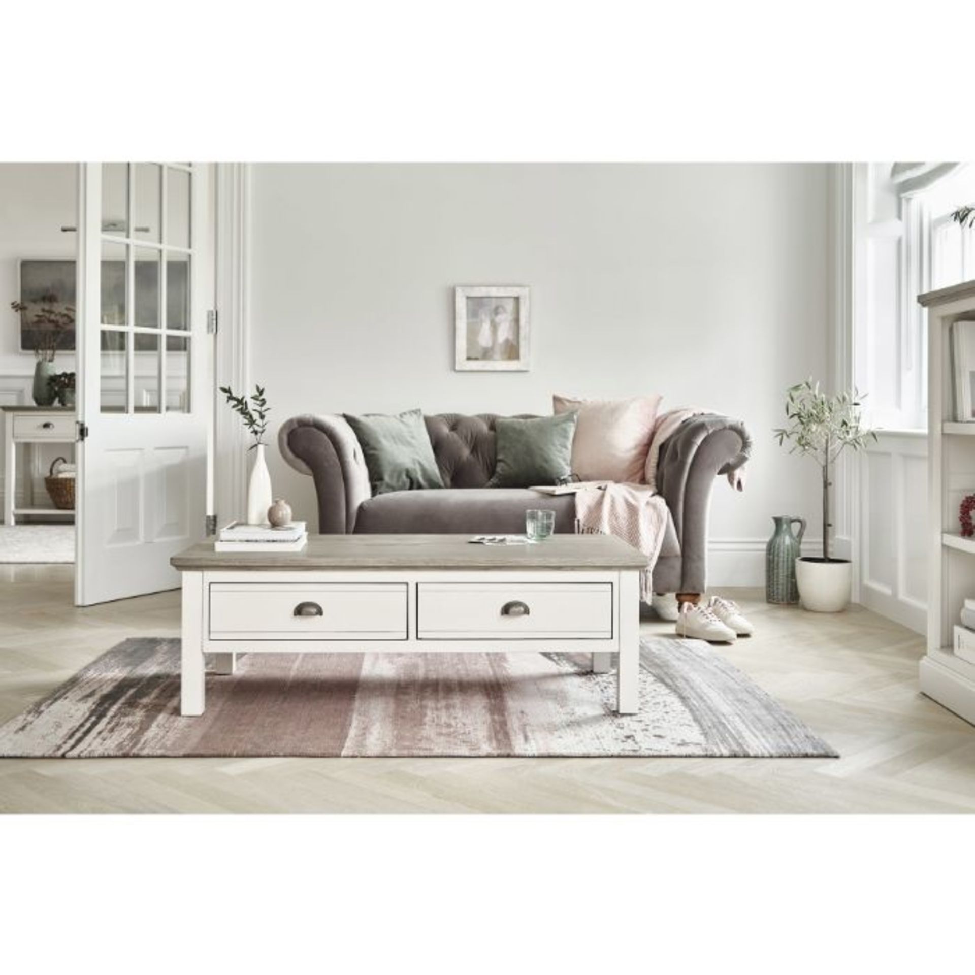 Oak Furnitureland Brompton Painted Acacia And Ash Top 2 Drawer Coffee Table Solid Hardwood RRP ? - Image 2 of 7