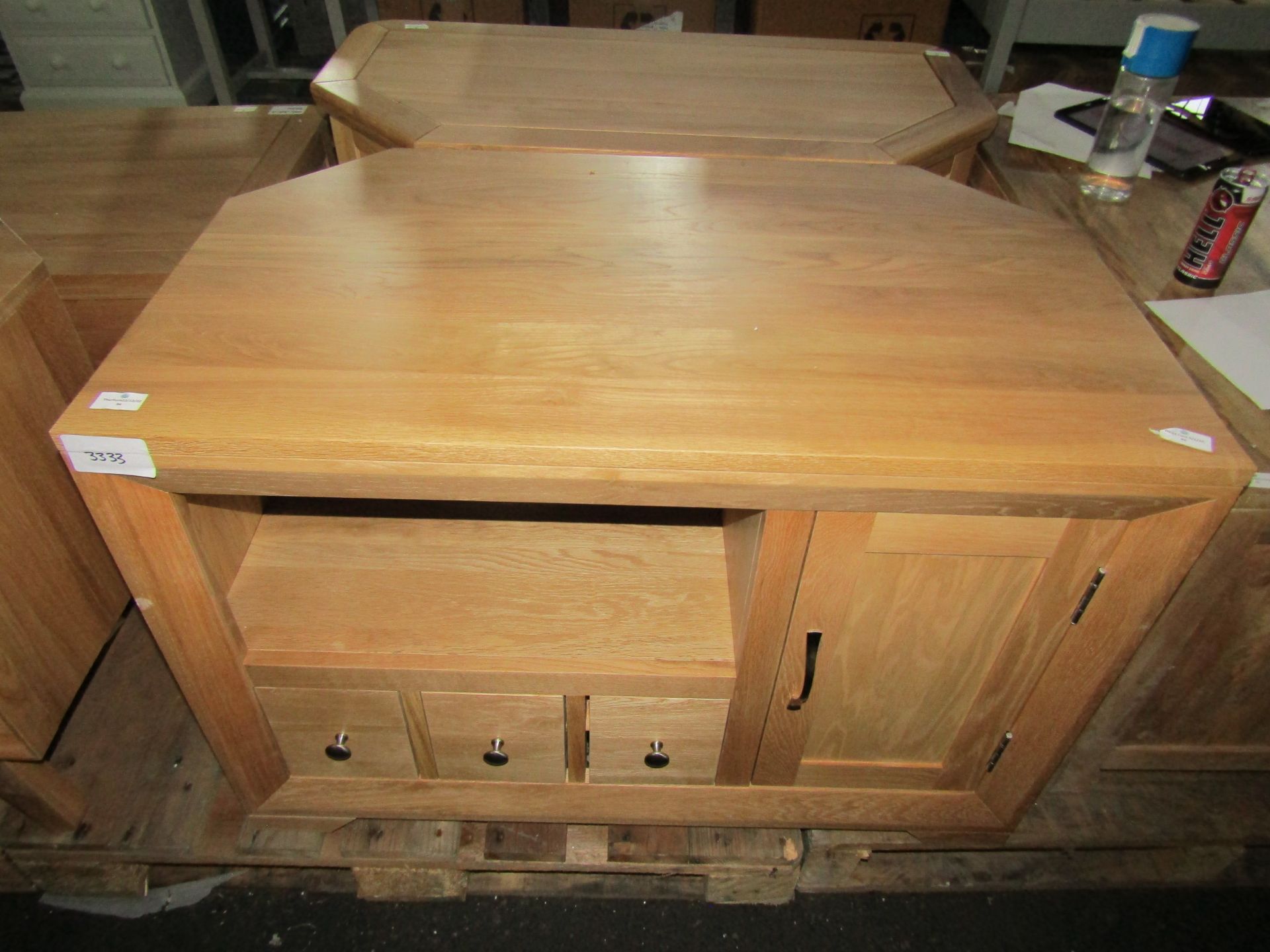 Oak Furnitureland Bevel Natural Solid Oak Corner Tv Cabinet RRP Â£299.99 The Bevel wooden corner