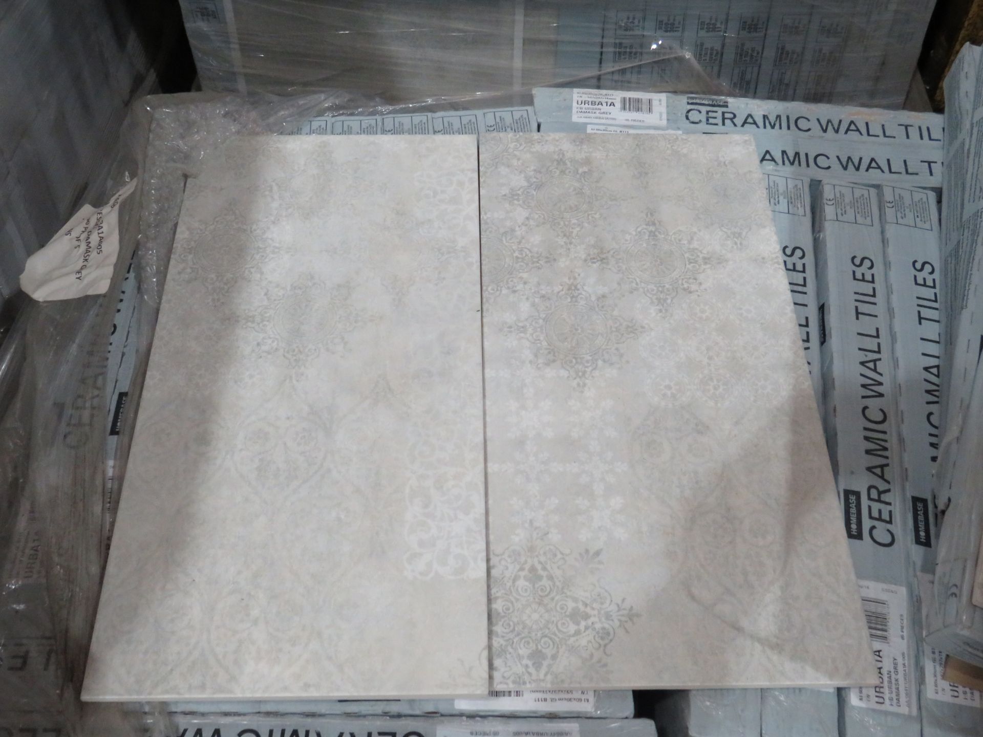 A pallet of 40x packs of 5 Homebase 600x300mm Distressed Damask Grey wall tiles, new, ref code