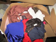 Box Containing Approx 15 Items of Ladies Clothing Dresses Tops Some Unworn Samples Some New Couple