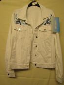 Tayfan White Denim Jacket With Blue Floral Design on Front Shoulder Size 12 Unworn Sample