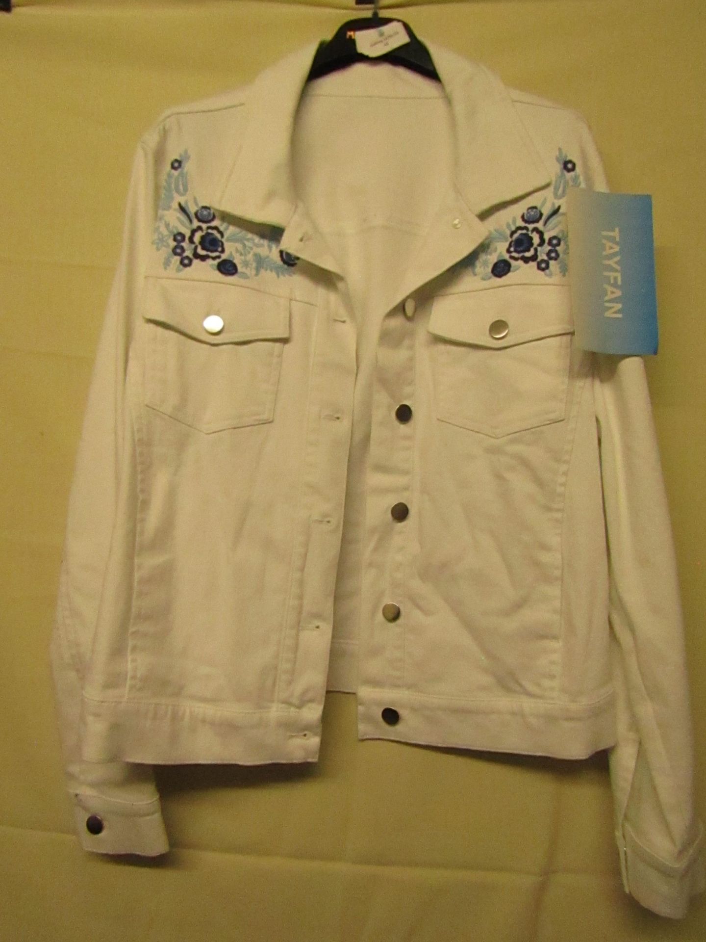 Tayfan White Denim Jacket With Blue Floral Design on Front Shoulder Size 12 Unworn Sample