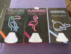 2x Flamingo - Neon Light - Untested & Boxed. 2x Toucan - Neon Light - Untested & Boxed. 1x Narwhal -