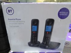 BT Essential Two Handsets with easy call blocking and Answering Machine untested and boxed.