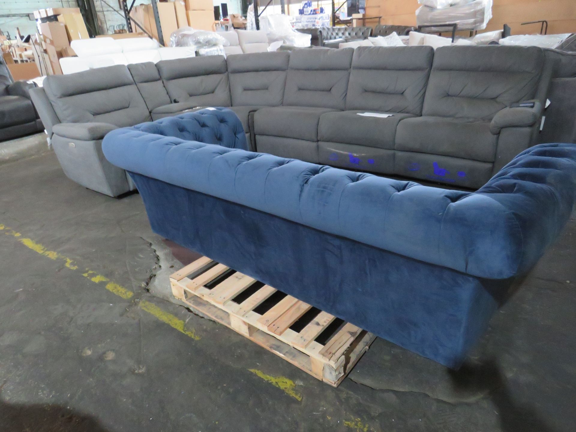 Oak Furnitureland Montgomery 3 Seater Sofa In Navy Velvet. no feet and the fabric is torn on the - Image 2 of 2