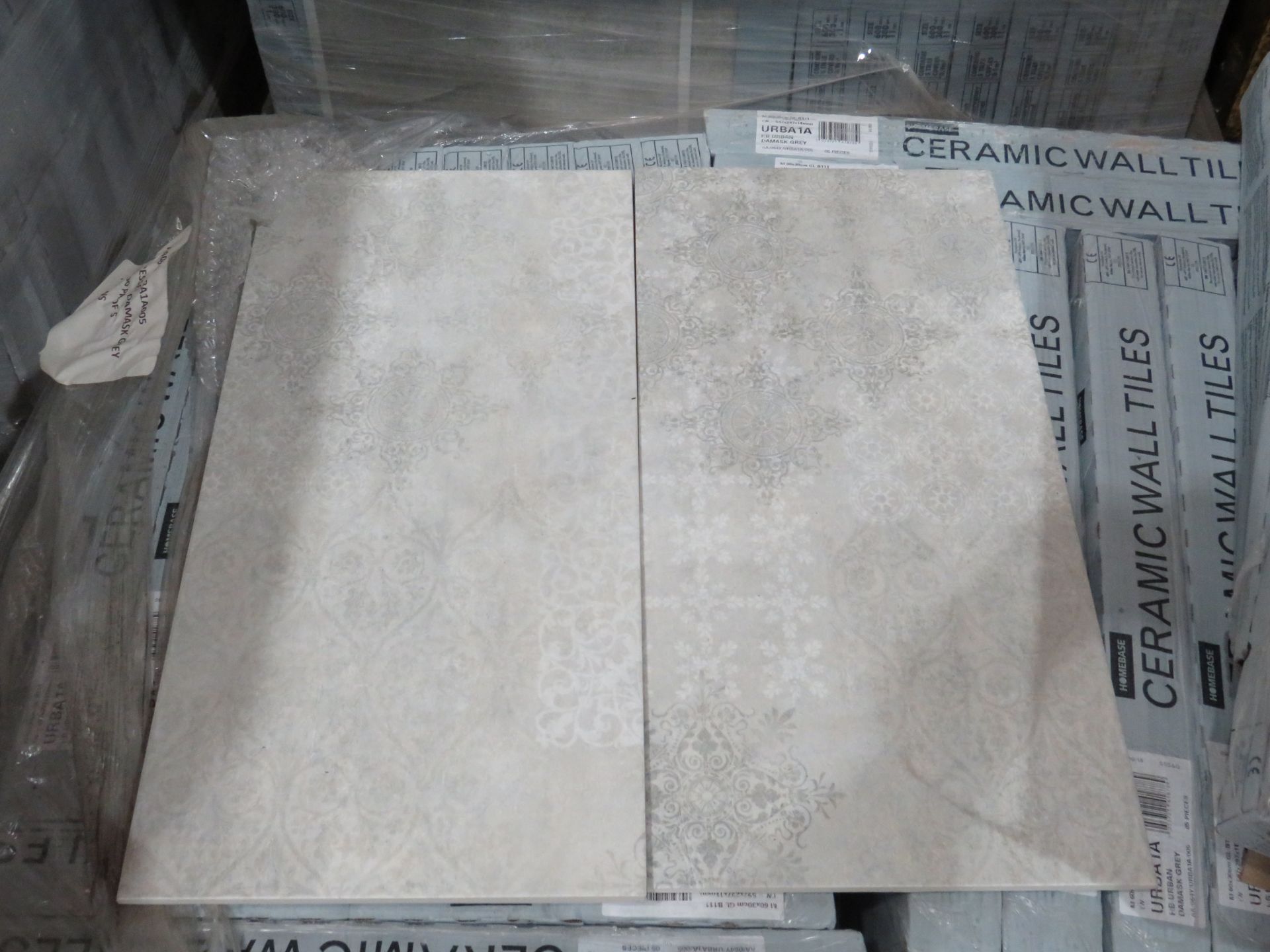 A pallet of 40x packs of 5 Homebase 600x300mm Distressed Damask Grey wall tiles, new, ref code