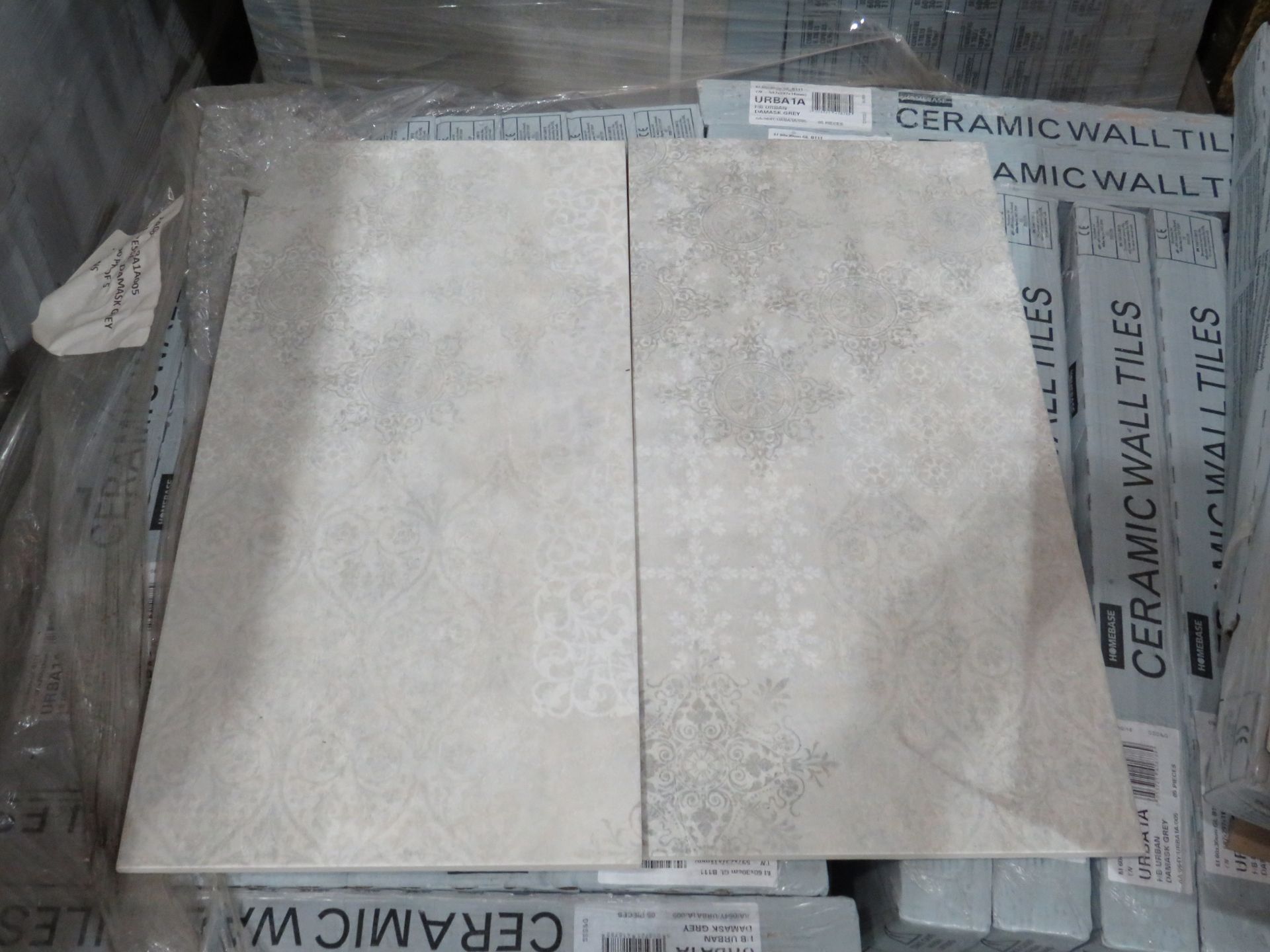 10x Packs of 5 Homebase 600x300mm Distressed Damask Grey wall tiles, new, ref code