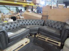 Allington Grey Leather Chesterfield Corner Sofa - Looks In Good Condition, May Contain Slight