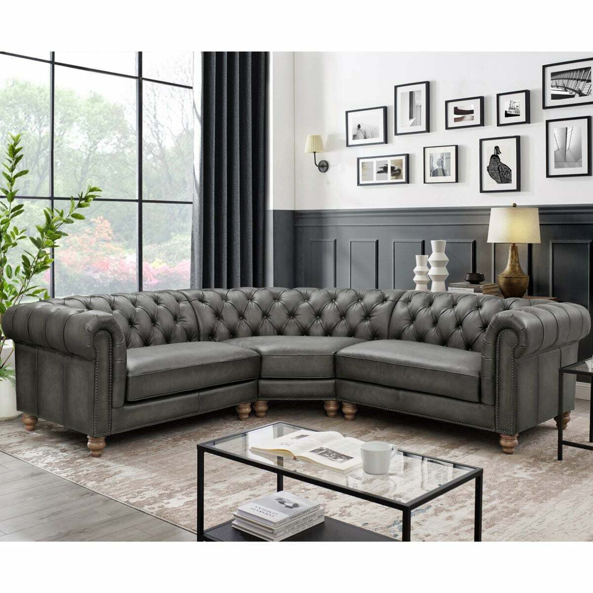 Allington Grey Leather Chesterfield Corner Sofa - Looks In Good Condition, May Contain Slight